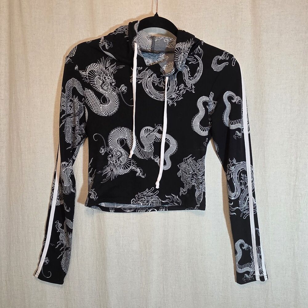 Black Cropped Hoodie All Over White Chinese Dragon Print Medium Streetwear